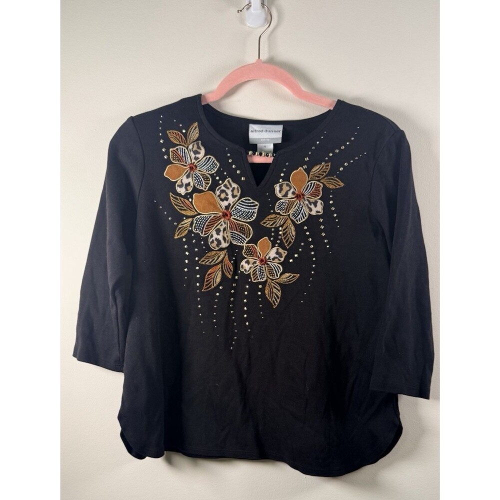 Alfred Dunner Womens Petite PS Black Floral V-Neck 3/4 Sleeve Blouse